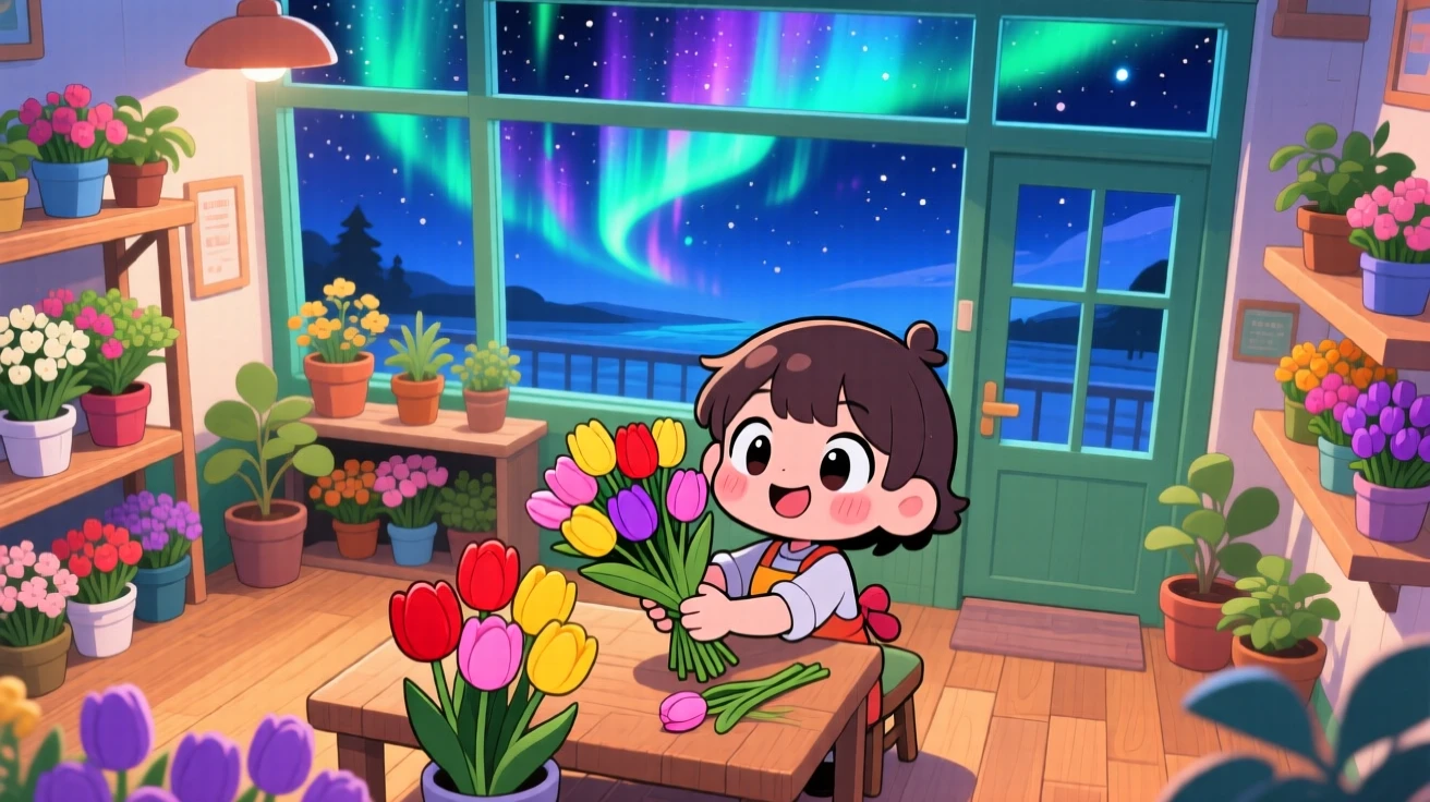 In a bright flower shop, a small florist is arranging a bouquet of tulips beneath swirling aurora-lit skies, bathed in cool blue twilight glow, expression full of delighted joy. Shot as a high aerial view.