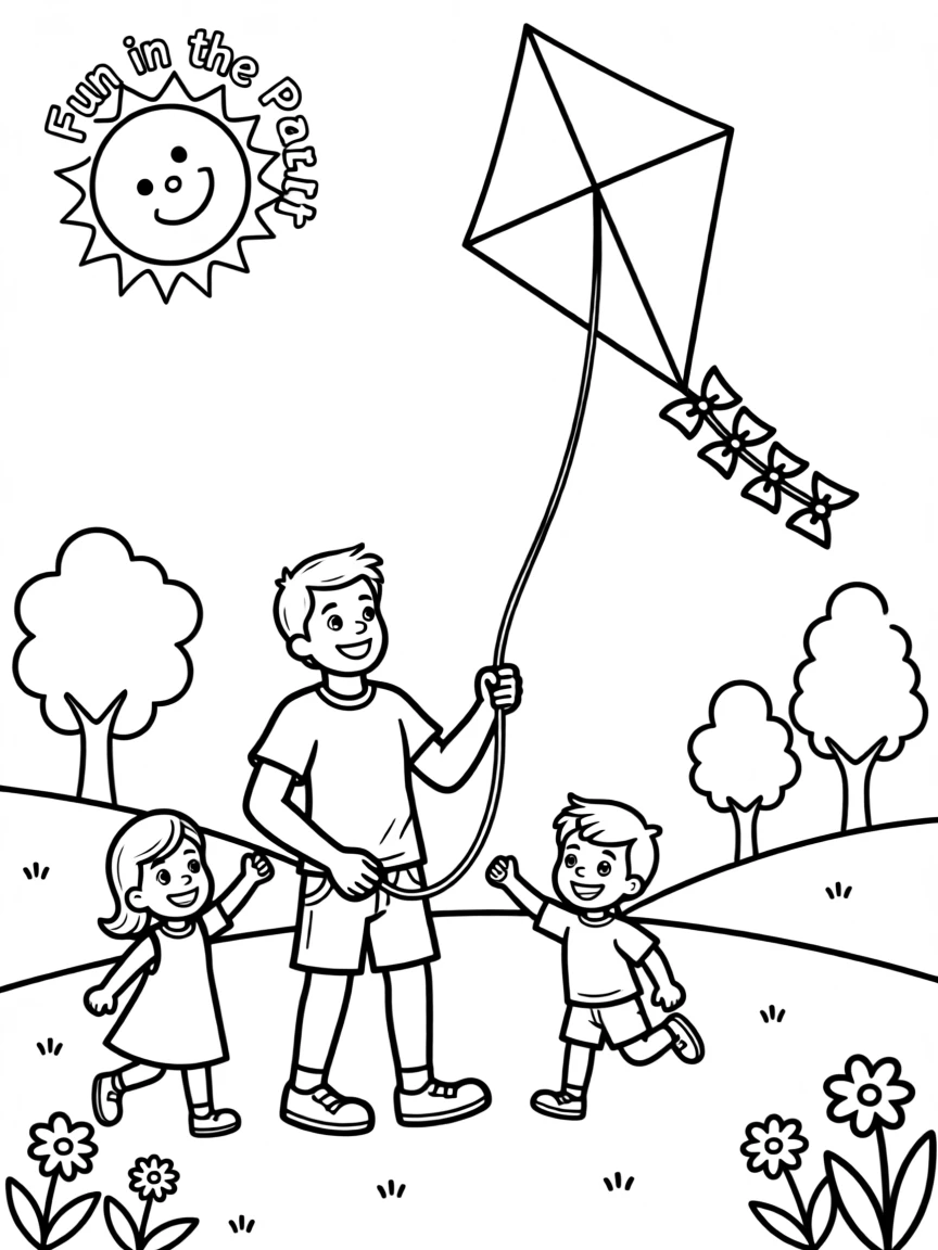 A father flying a kite with his children in a park