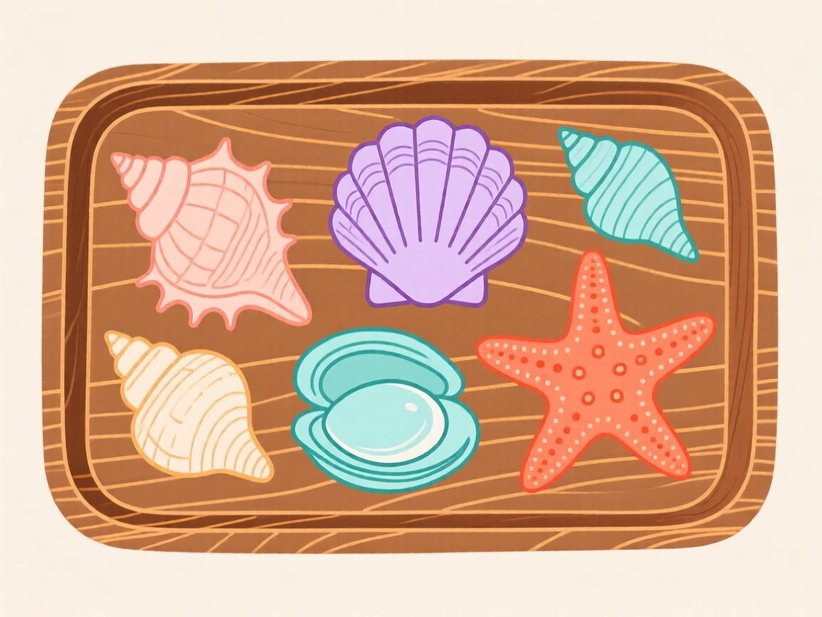 A collection of seashells and starfish on a wooden tray.