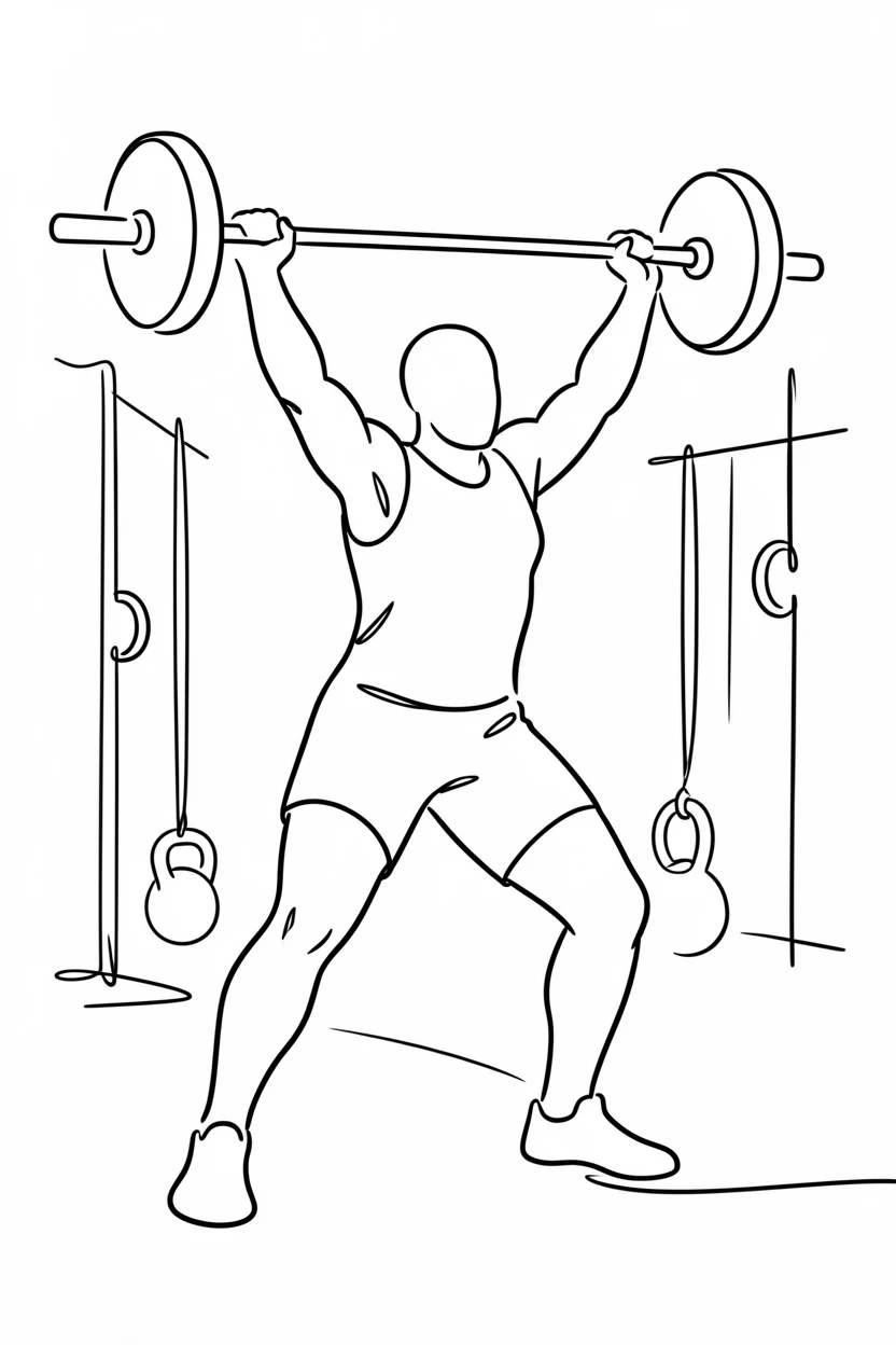 A CrossFit athlete mid-lift with a barbell in a busy gym