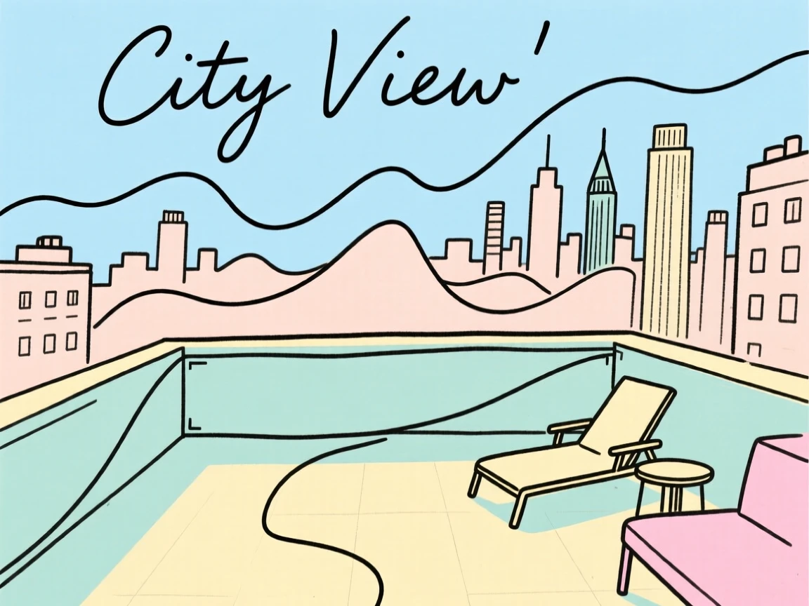 A rooftop terrace overlooking a city