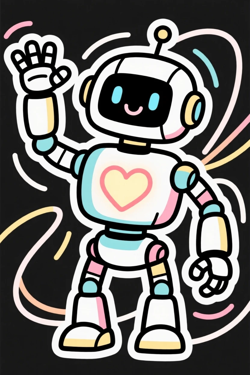 A friendly cartoon robot waving with a heart-shaped chest light.