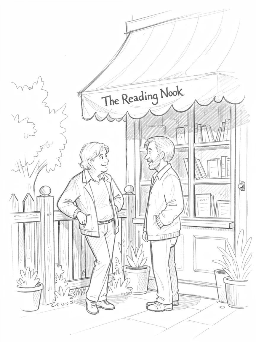 A warm everyday moment: neighbors chatting over a garden fence in an old-fashioned bookstore, with a gentle breeze rustling awnings overhead.