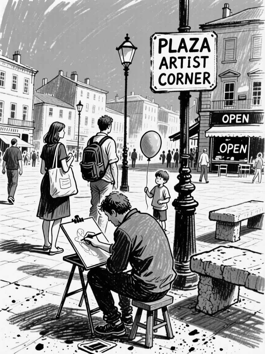 A street artist sketching passersby in a plaza, under a clear blue midday sky.