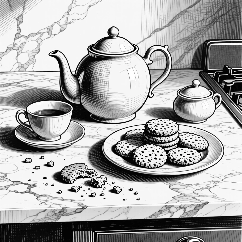 A tea set with a plate of biscuits arranged on a marble kitchen counter, with crumbs scattered across the table, presented in an indulgent and delightful culinary still life.