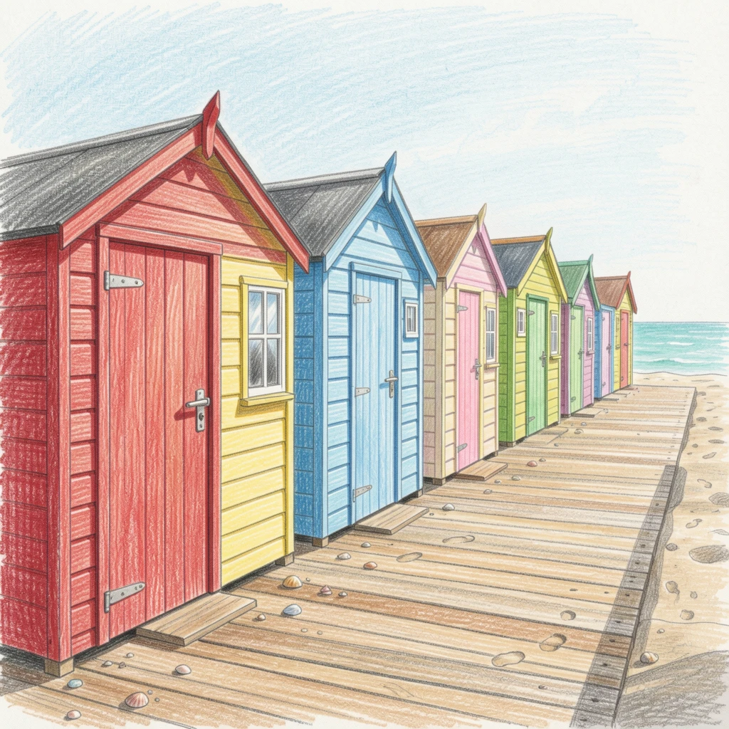 A row of colorful beach huts along a sunny seaside promenade, with rich, inviting textures throughout the scene, celebrating a moment people would love to revisit.