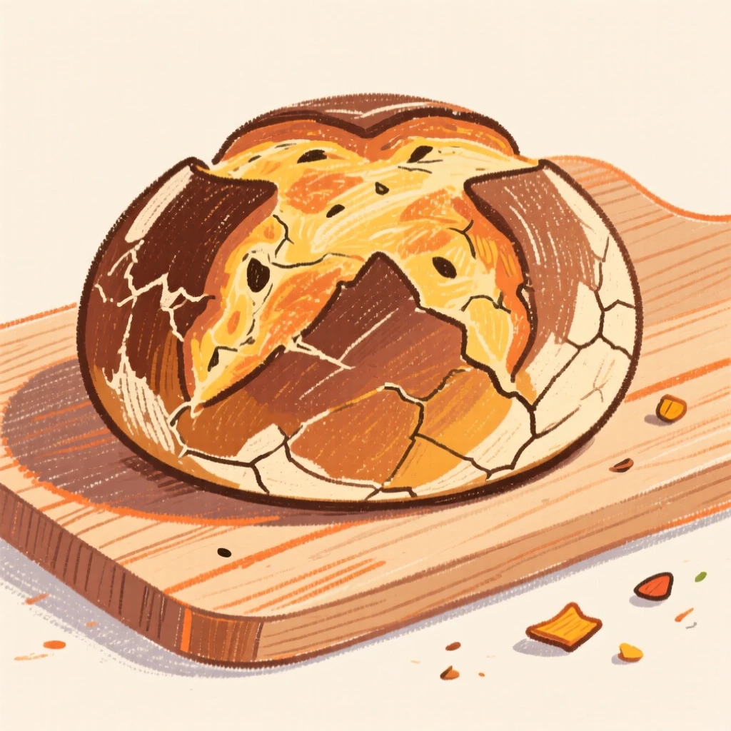 A rustic loaf of sourdough bread cooling on a wooden board.