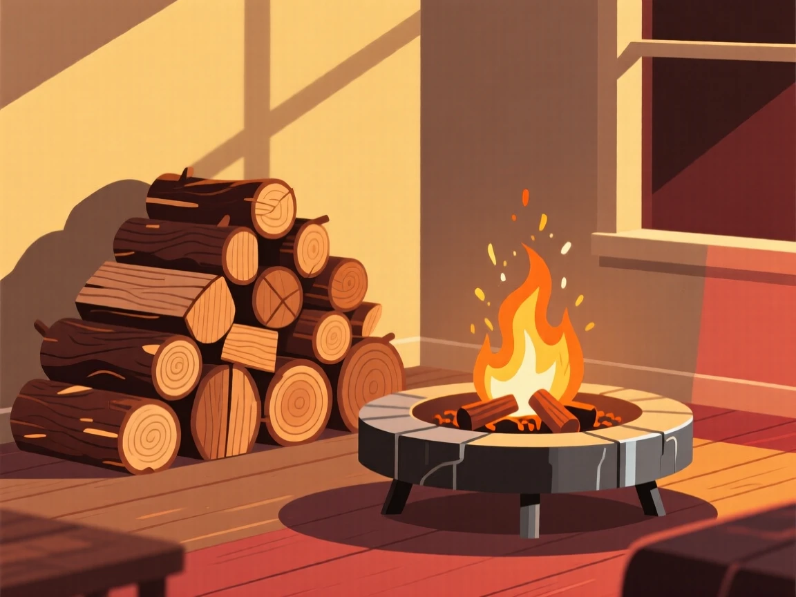 A stack of firewood beside a crackling outdoor fire pit, set within a cozy, warmly lit room, composed with soft diagonal lighting for depth, with soft golden light highlighting fine craftsmanship.