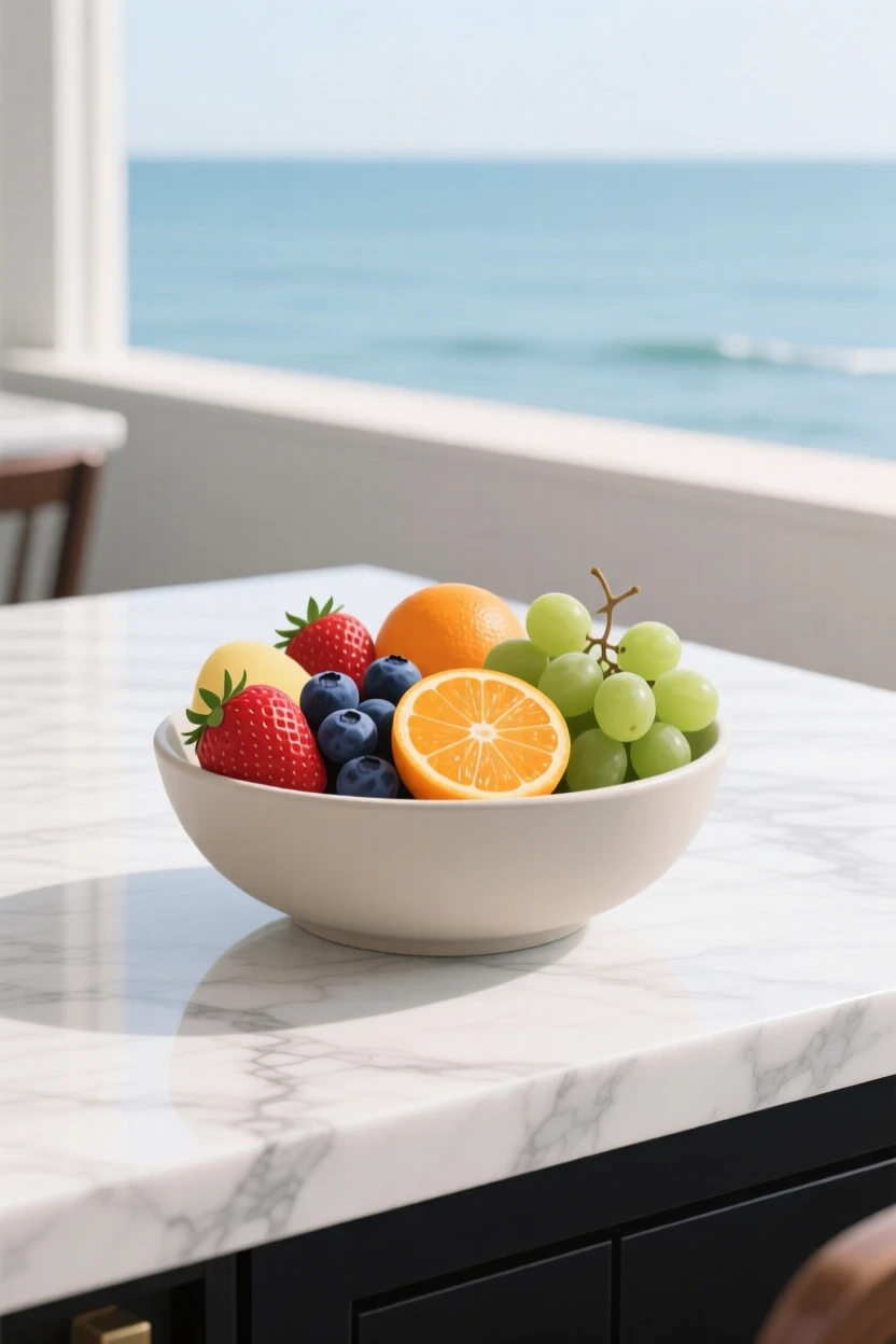 A bowl of seasonal fruit beautifully displayed on a marble countertop at a seaside restaurant.