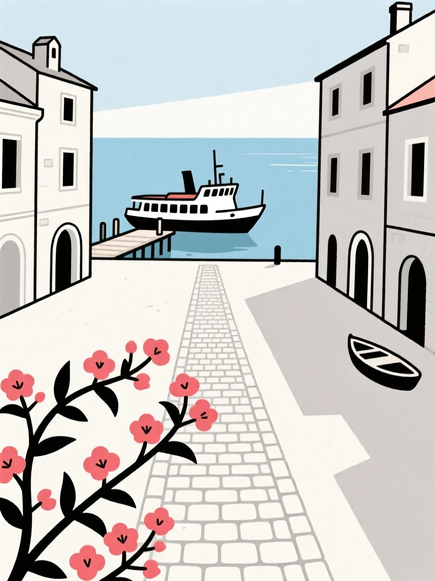 A journey through an European old town square toward a ferry crossing open water, passing blooming bougainvillea, full of wanderlust.