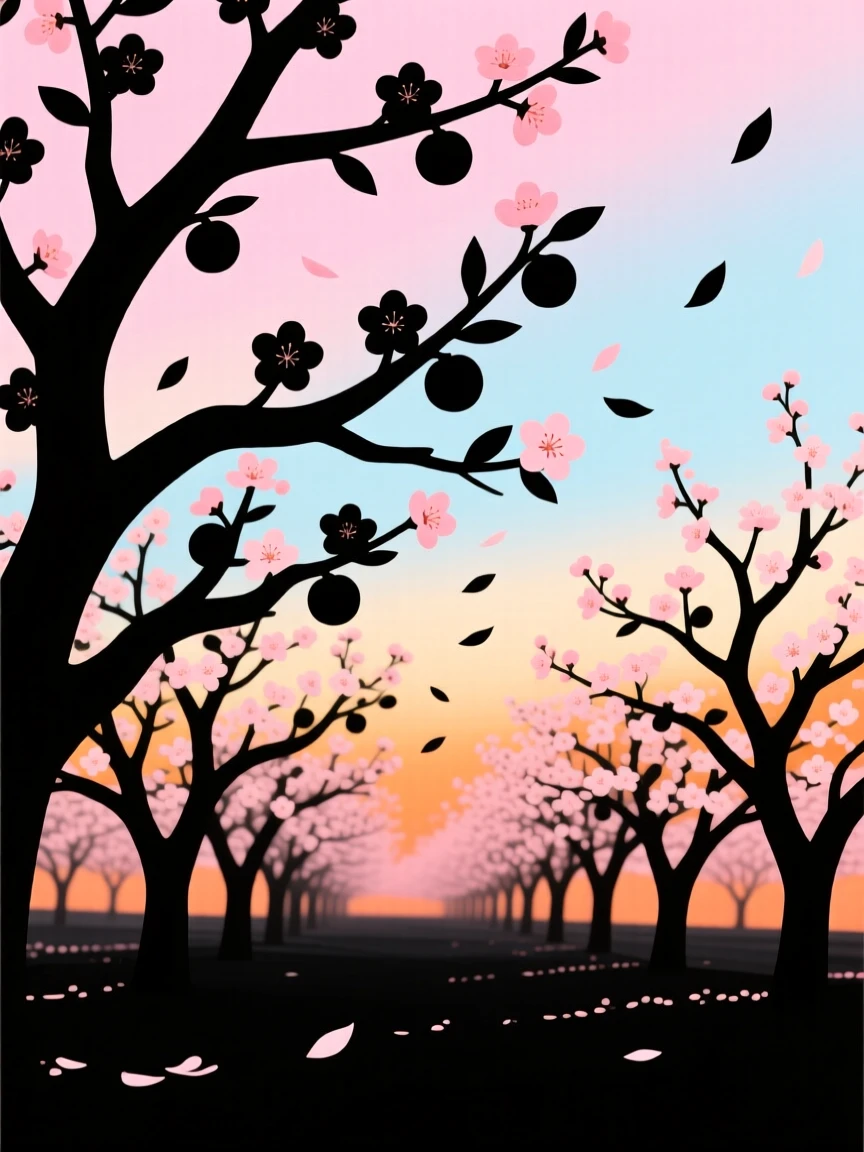 A springtime orchard in full blossom with petals drifting in the breeze.