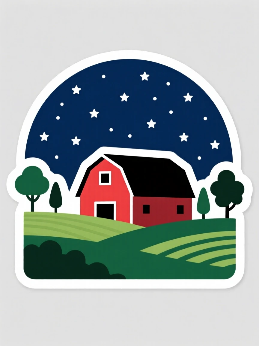 A richly colored quiet countryside with a red barn, under a blanket of twinkling stars, far from any city lights.