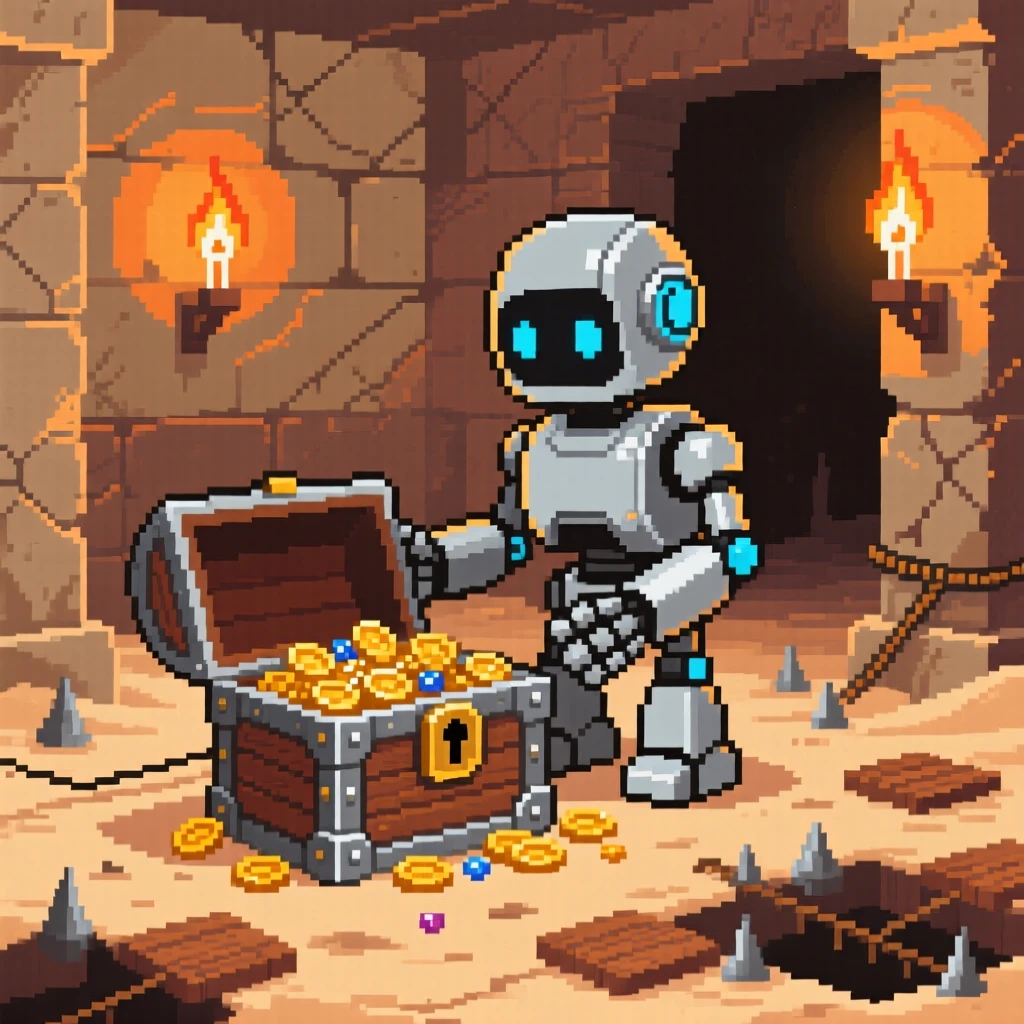A robot companion opening a treasure chest in a torch-lit room, in a desert temple filled with traps.