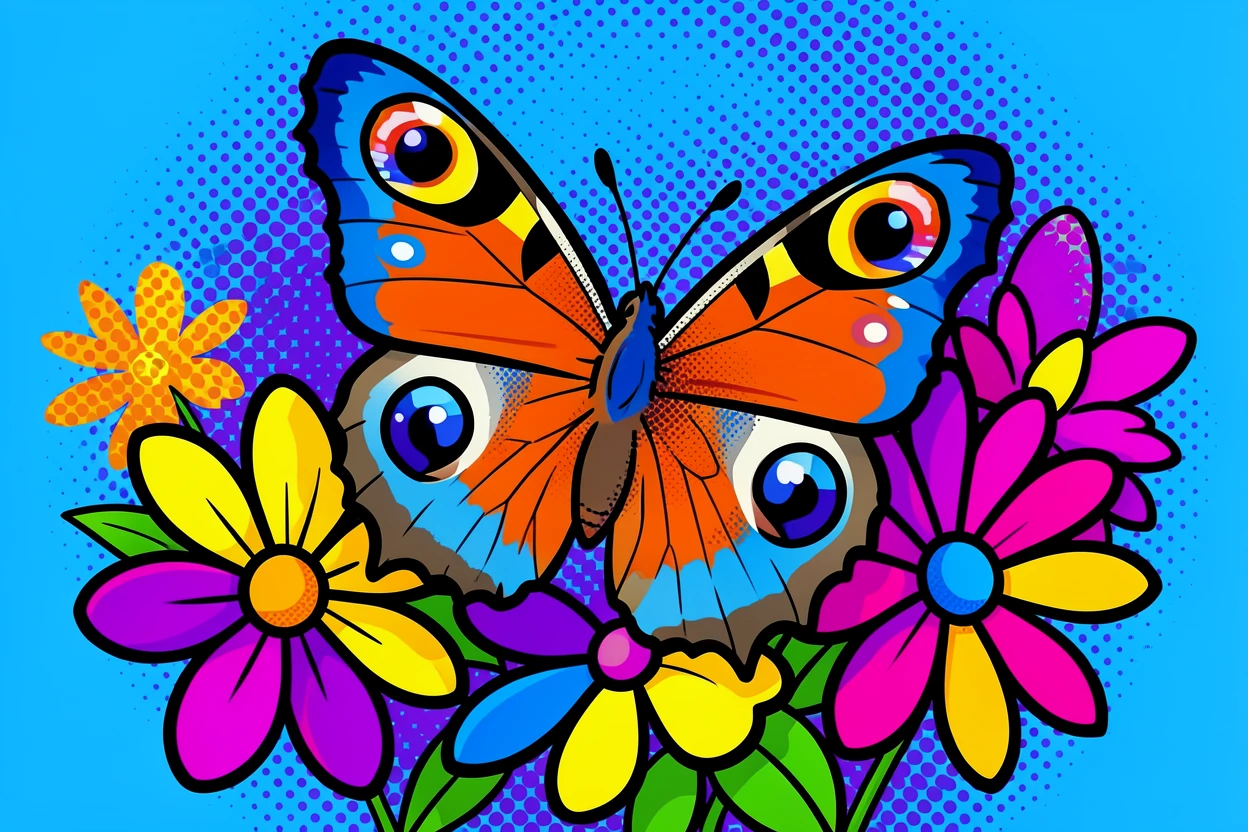 A peacock butterfly resting on a cluster of flowers