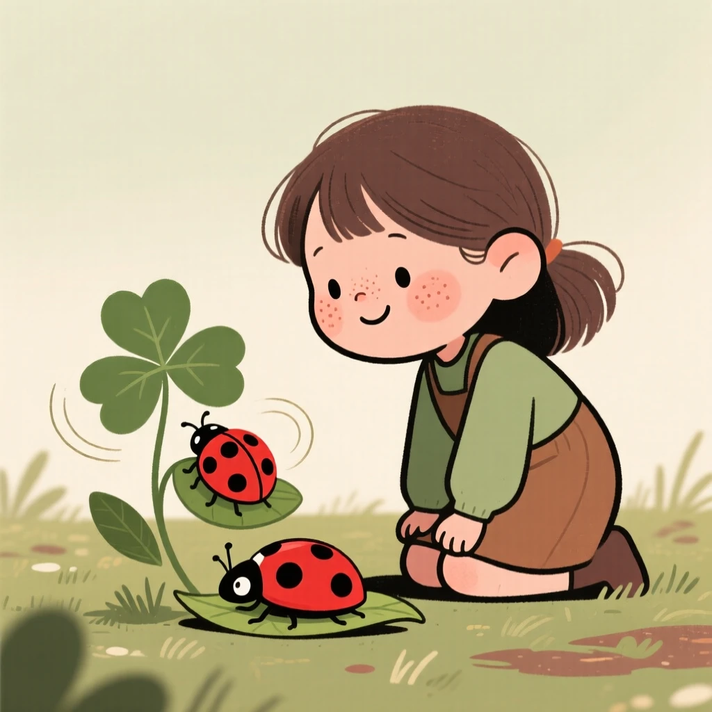 A curious young girl kneels beside a ladybug on a leaf in the backyard patch of clover, watching intently as it spins in a lazy circle.
