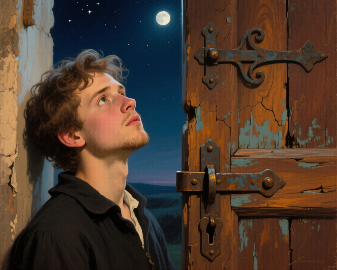 A detailed close shot of a handsome young man beside a rustic wooden door, full of curious wonder, under the night sky.