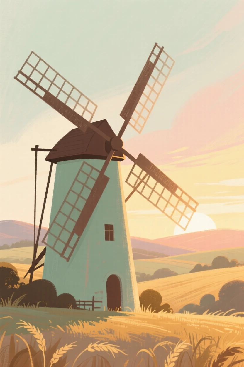 A windmill silhouetted against a golden harvest sunset