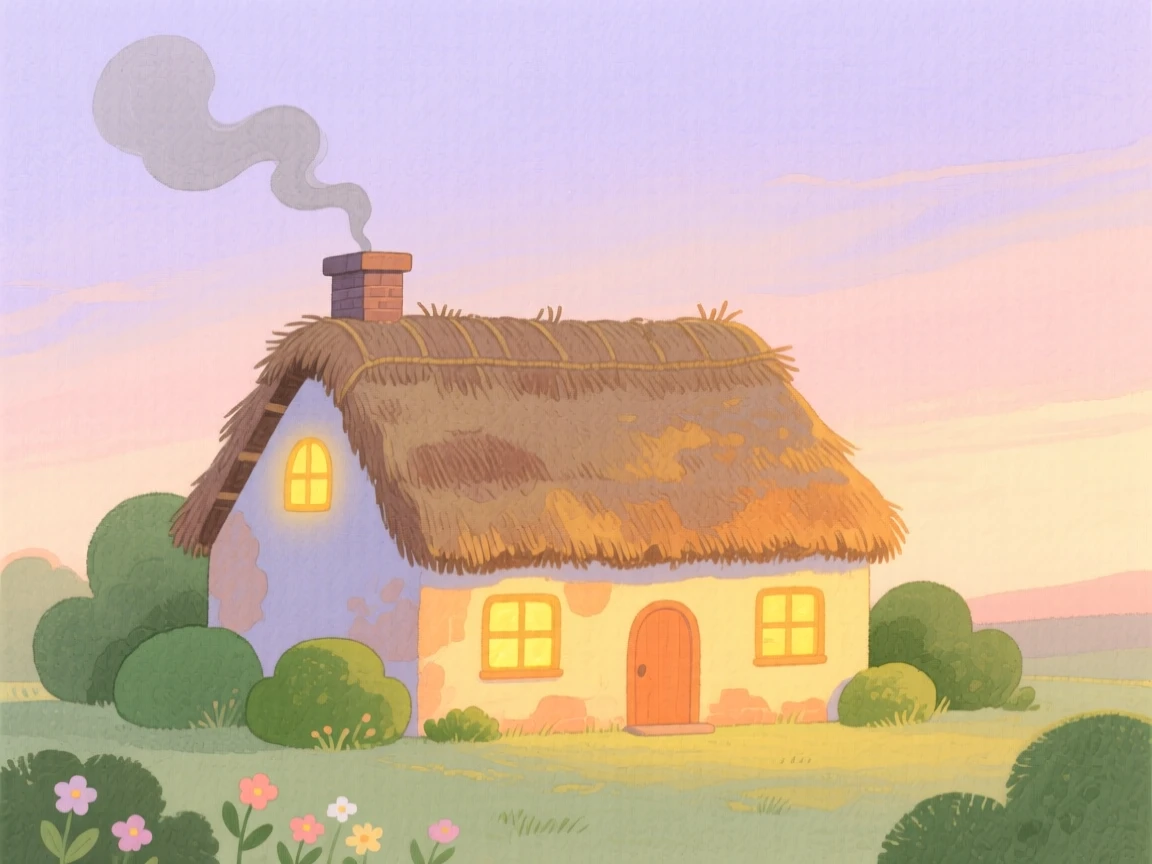 A thatched-roof cottage with a smoking chimney, glowing softly as evening falls.