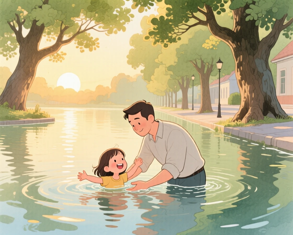 A father teaching his daughter to swim in a calm lake at sunrise, on a quiet street lined with old oak trees, radiating kindness, hope, and heartfelt emotion.