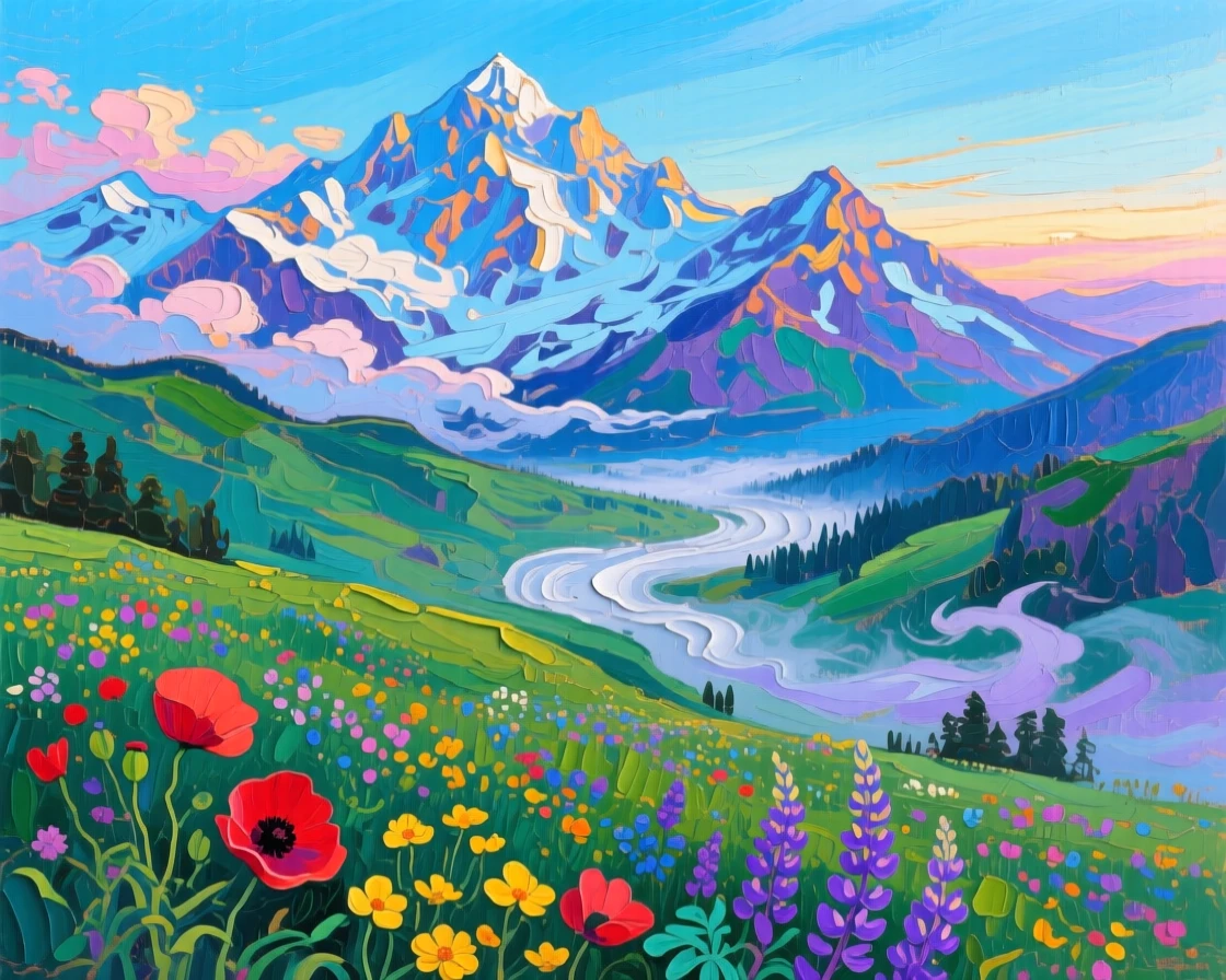 Overlooking a deep green valley dotted with wildflowers, a jagged, snow-capped mountain range, morning mist pooling in the valley far below, in the soft blue light just before dawn.