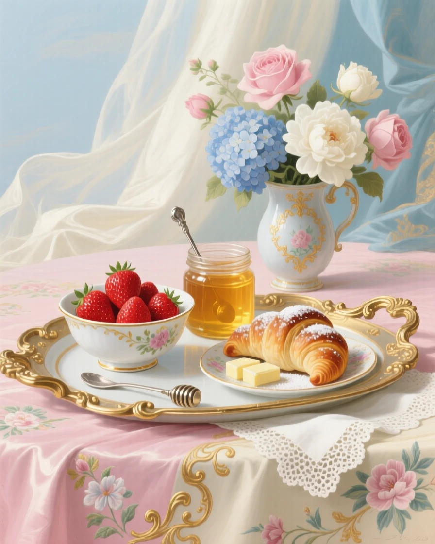A breakfast tray with strawberries, honey, croissants, and fresh flowers  