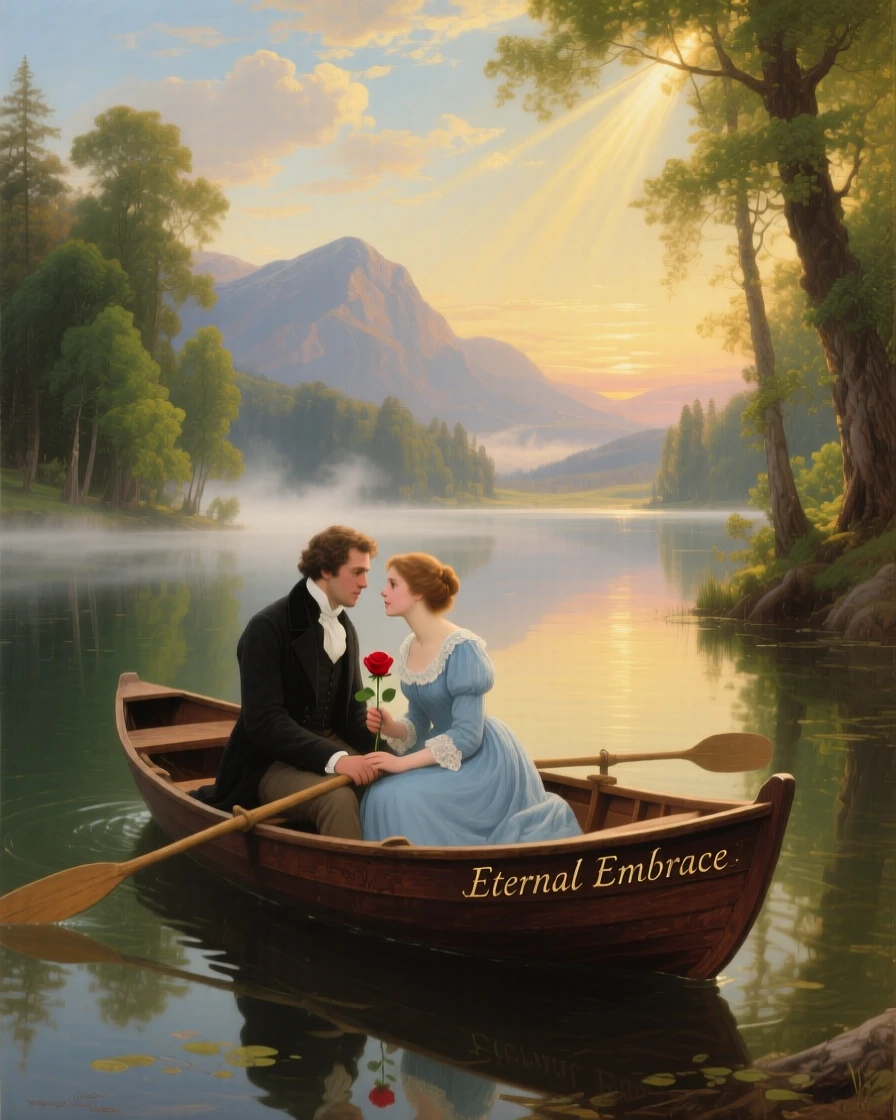 Lovers share a quiet moment on a rowboat drifting across a still lake.