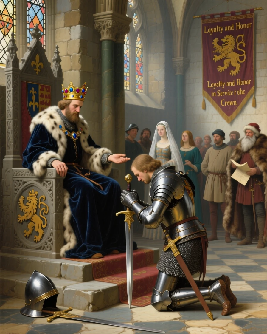 A medieval knight kneeling before a king in a grand stone throne room, as onlookers in traditional dress watch the scene unfold, honoring the customs, craftsmanship, and spirit of the time