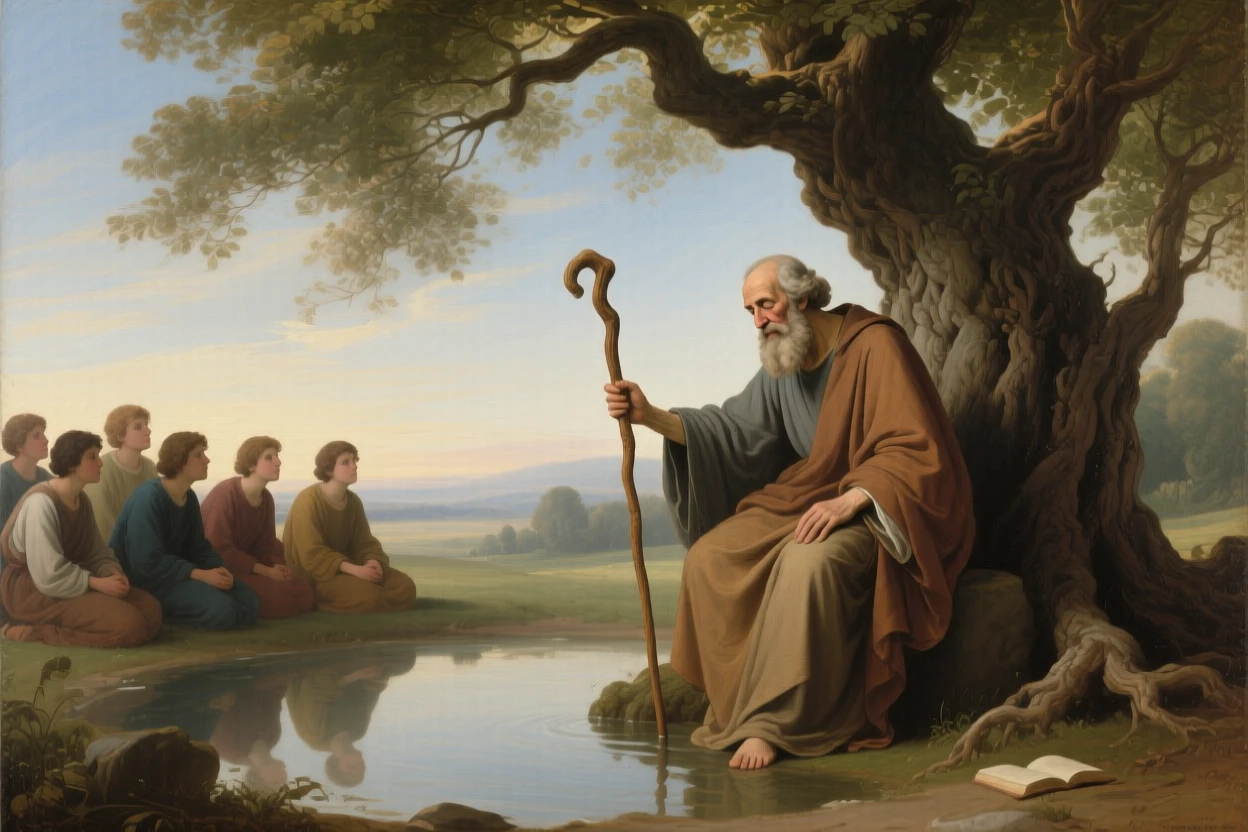 A philosopher teaching students beneath the shade of an ancient tree at the quiet culmination of a long inner journey, set beside a sacred spring reflecting the morning sky, with modest robes, a well-worn staff, and a face lined with quiet devotion; quiet, uncluttered space allows the emotional core room to breathe, capturing a timeless moment of grace and gratitude.