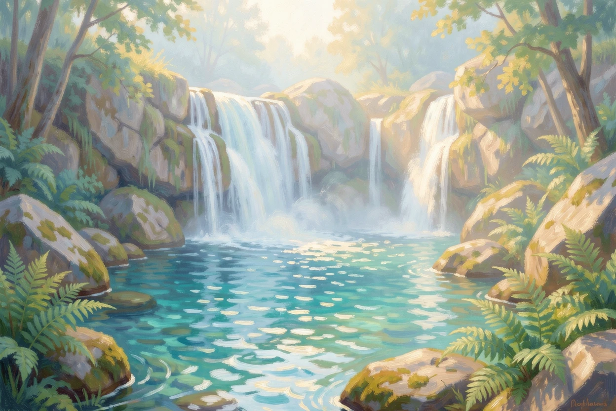A dramatic waterfall plunging into a turquoise pool surrounded by moss-covered boulders and ferns, in the gentle hush of early morning, radiating joy and gentle celebration.