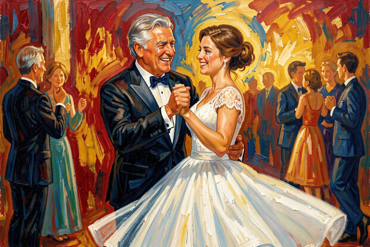 A father and daughter dancing together at her wedding, both smiling through tears.