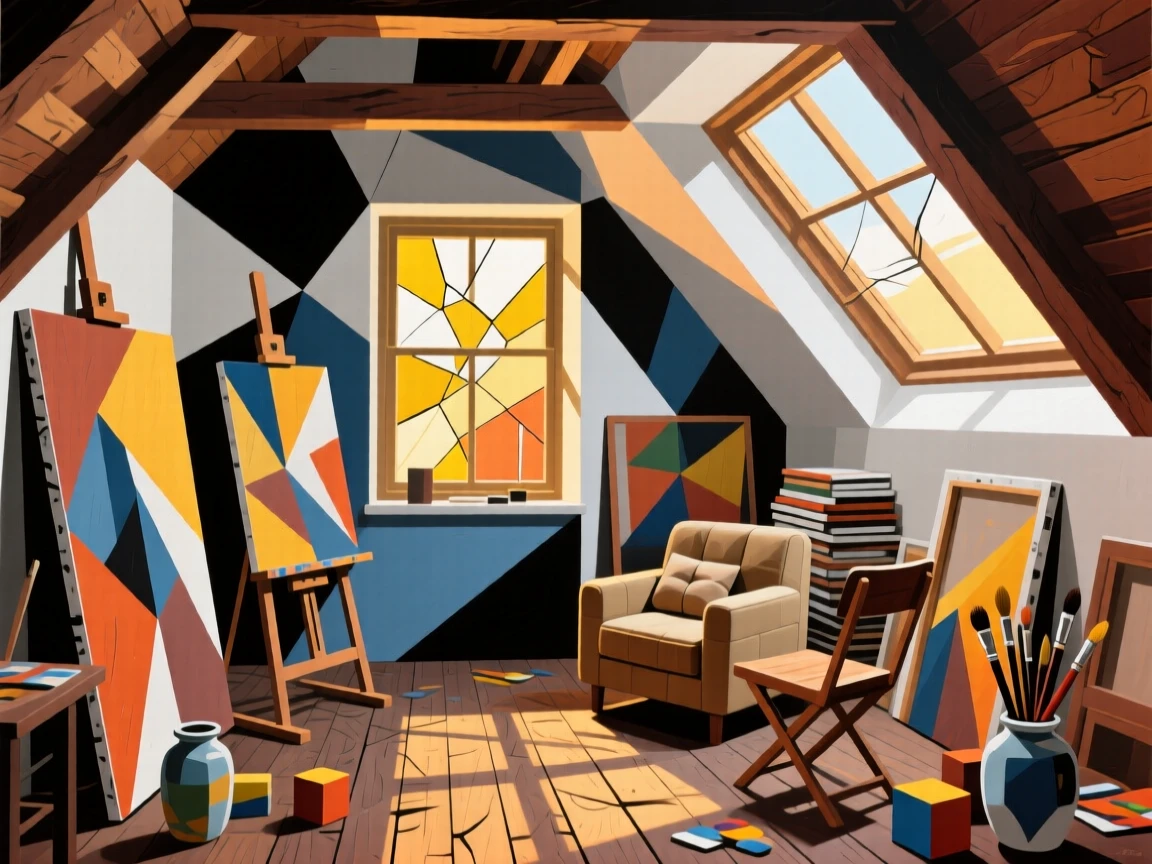 An elegant architectural view of a cozy attic studio filled with canvases and warm afternoon light.