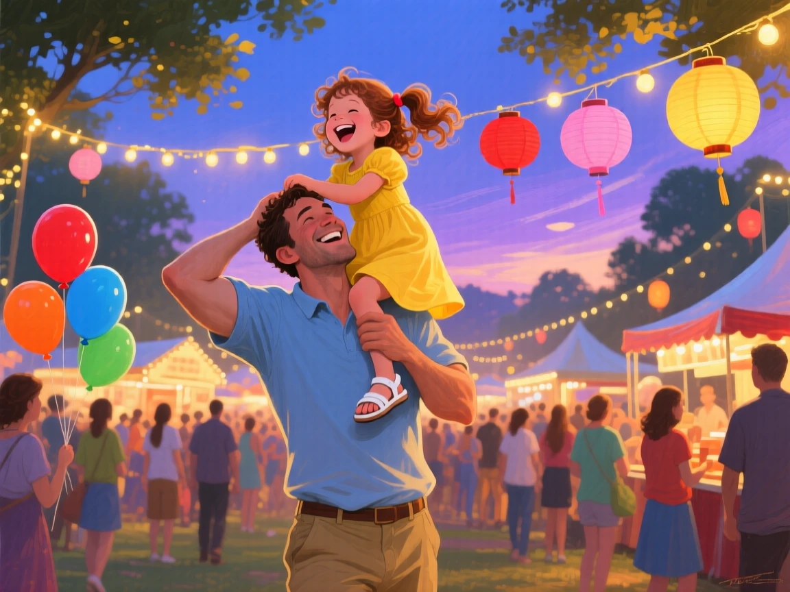 A father lifts his laughing daughter onto his shoulders at a crowded summer festival, colorful balloons and string lights glowing above the crowd, background elements kept softly out of focus to keep attention on the human moment.
