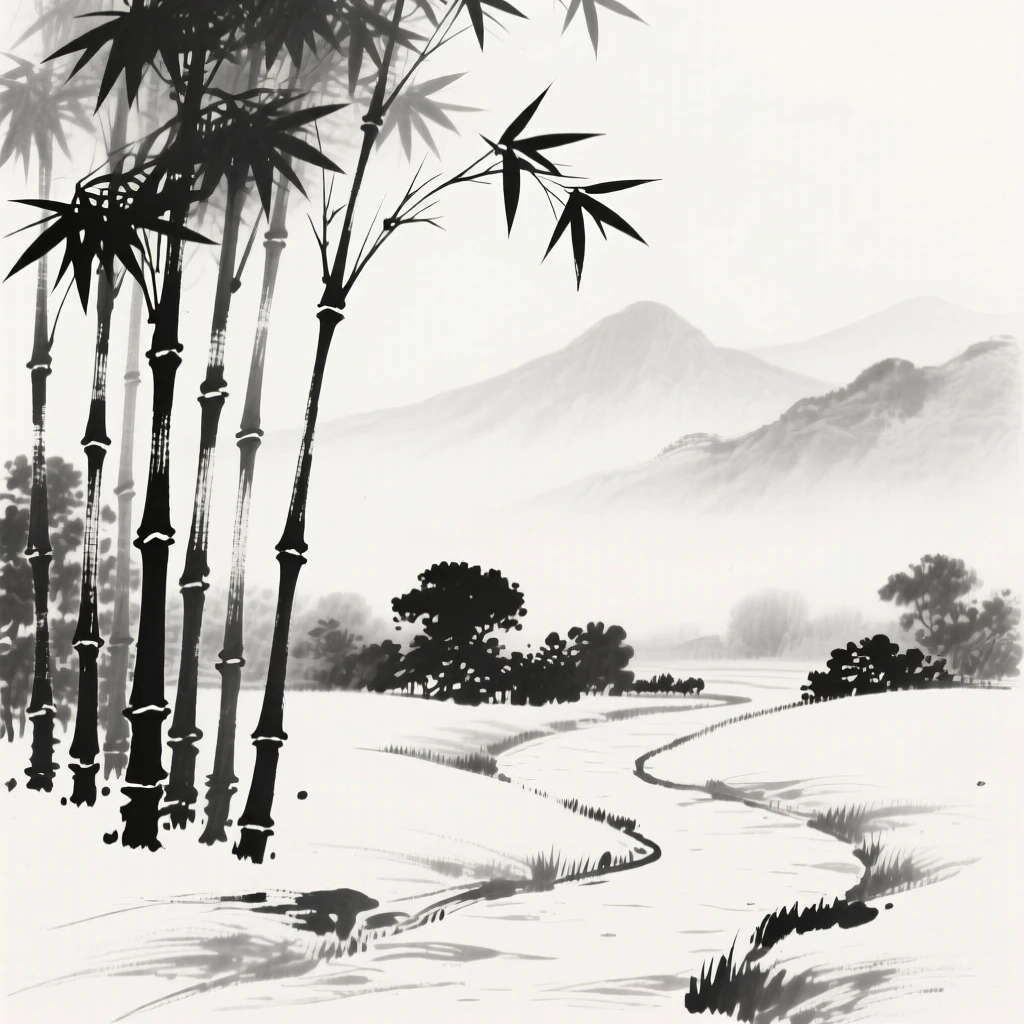 Tall bamboo stalks rise beside a quiet garden path, with distant peaks barely visible through the canopy.