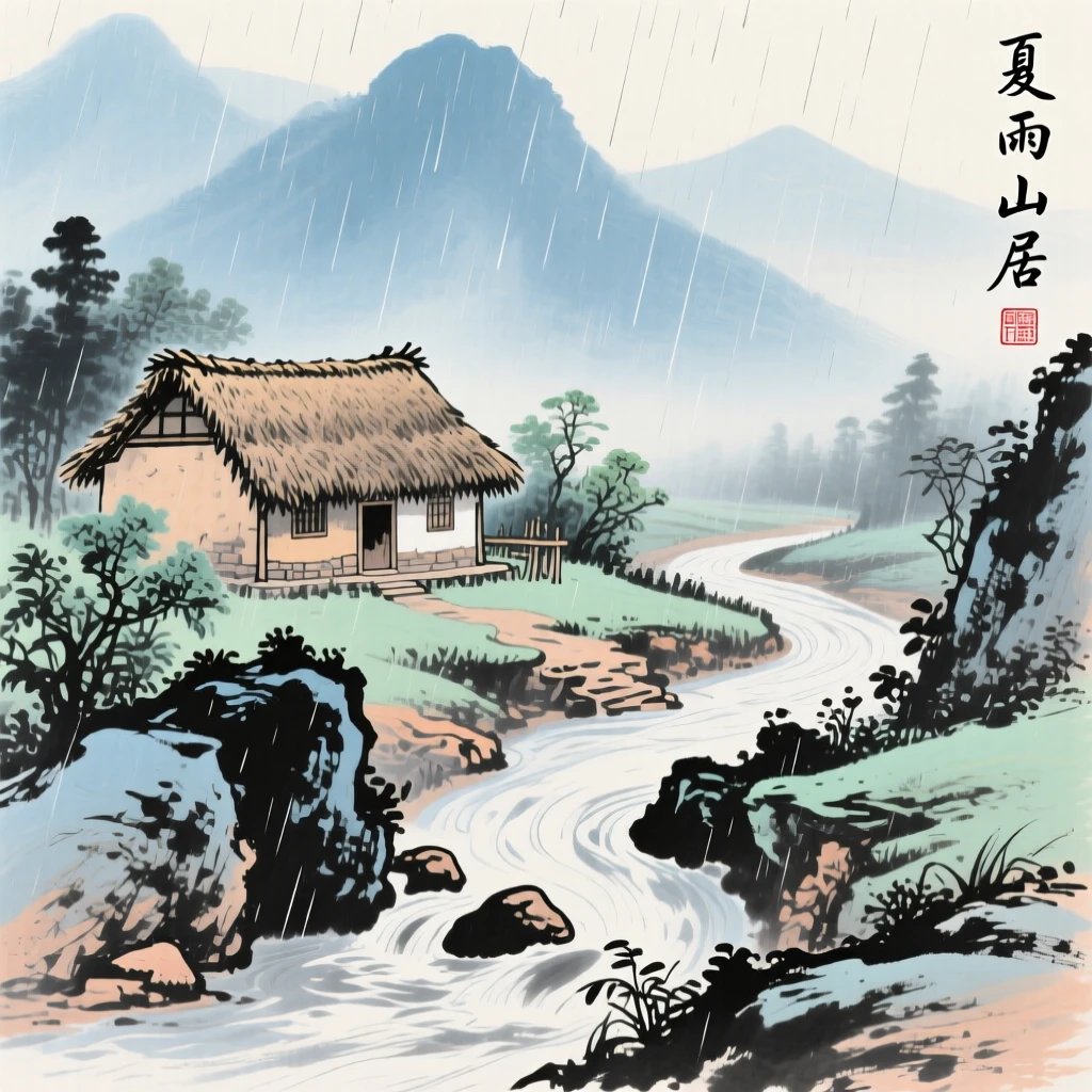 A rustic thatched cottage beside a bend in a mountain stream, as summer rain begins to fall.