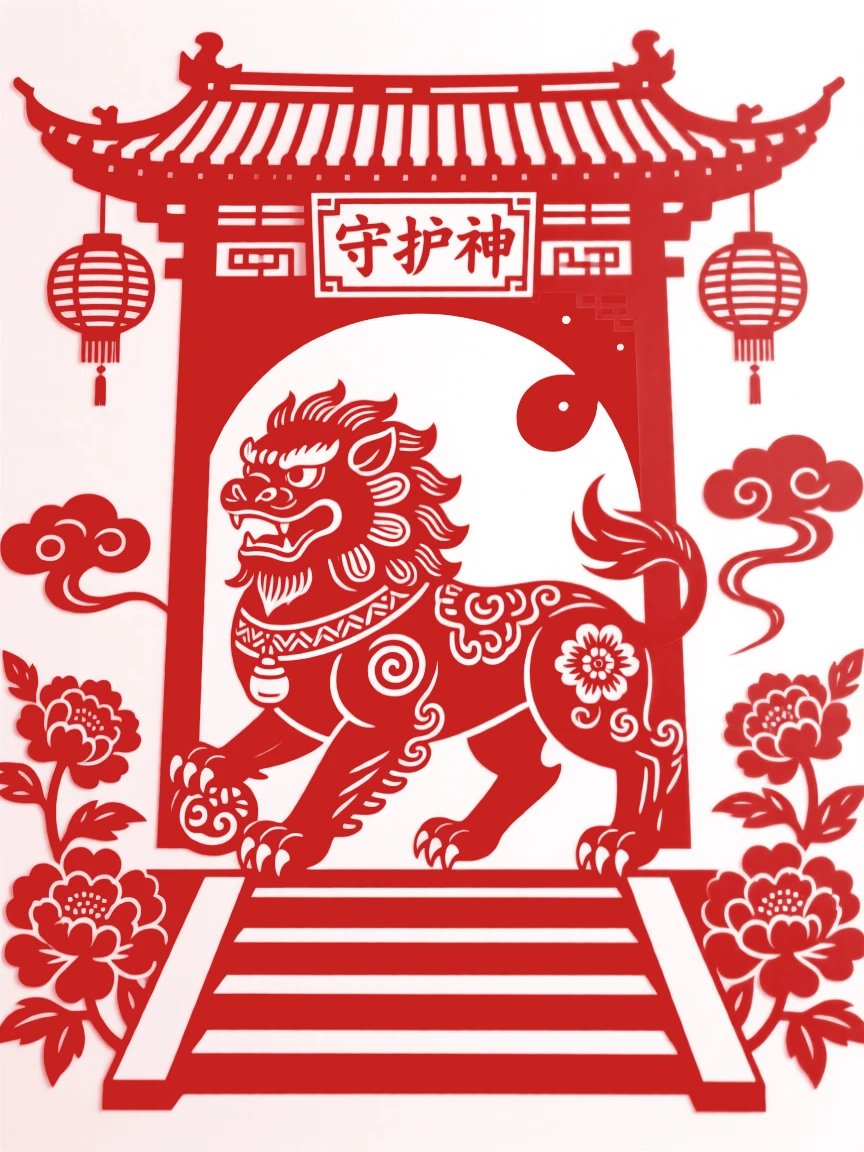 A guardian lion statue coming to life at midnight, pacing the moonlit steps of an ancient temple