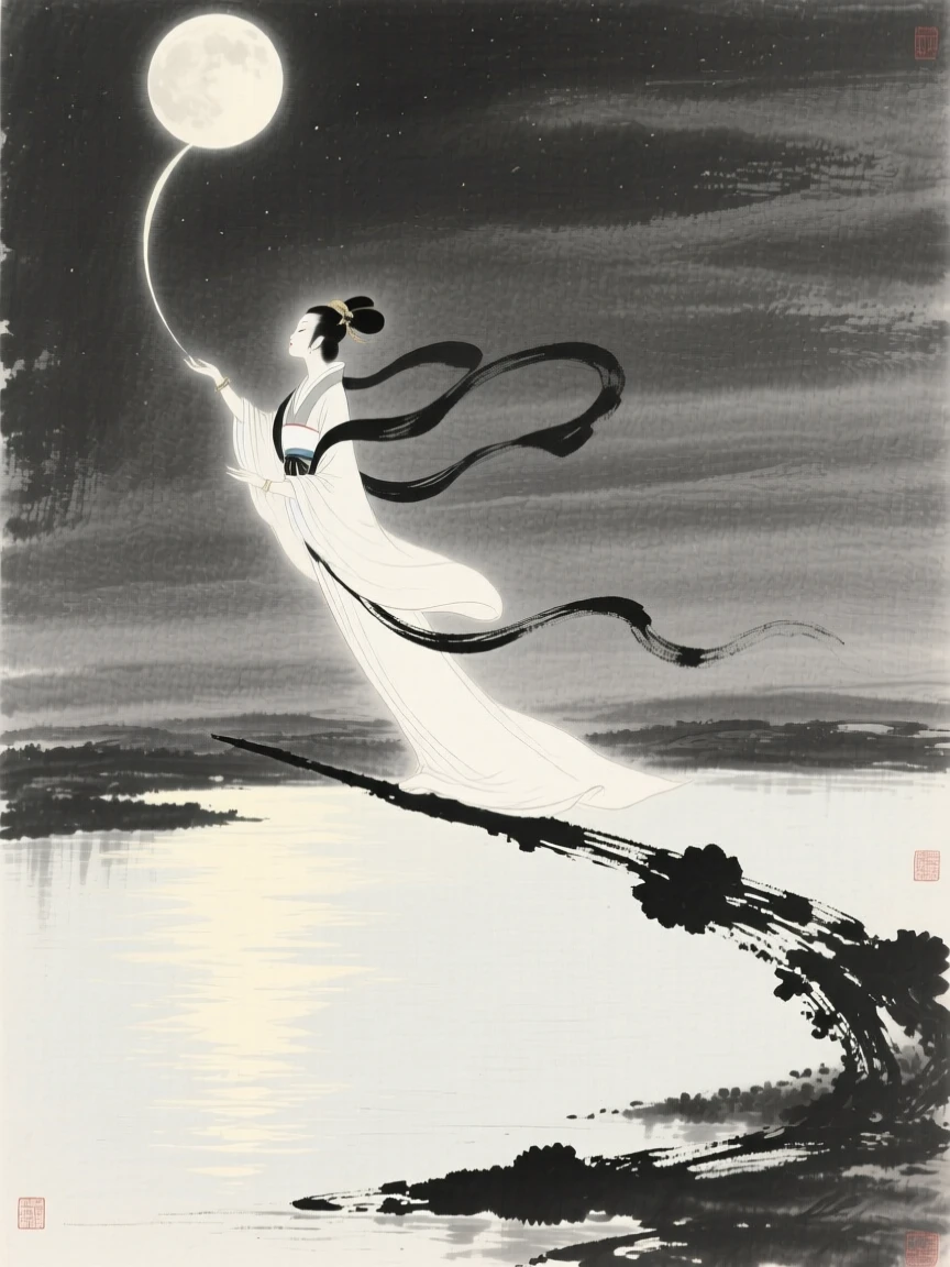 A celestial maiden descending on a beam of moonlight above a tranquil, glowing lake, framed to emphasize scale against a vast open sky, carrying a sense of magic woven into the natural world.