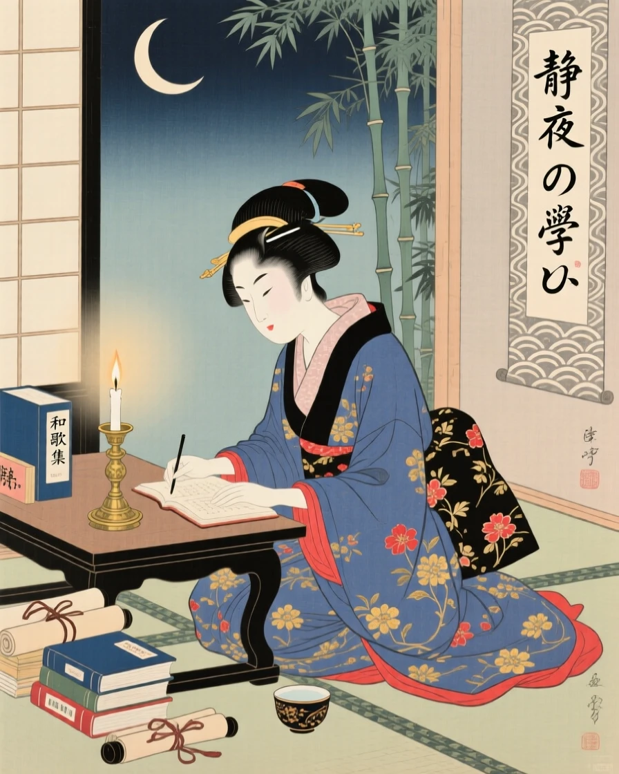An elegant woman in flowing robes studying by candlelight surrounded by books.
