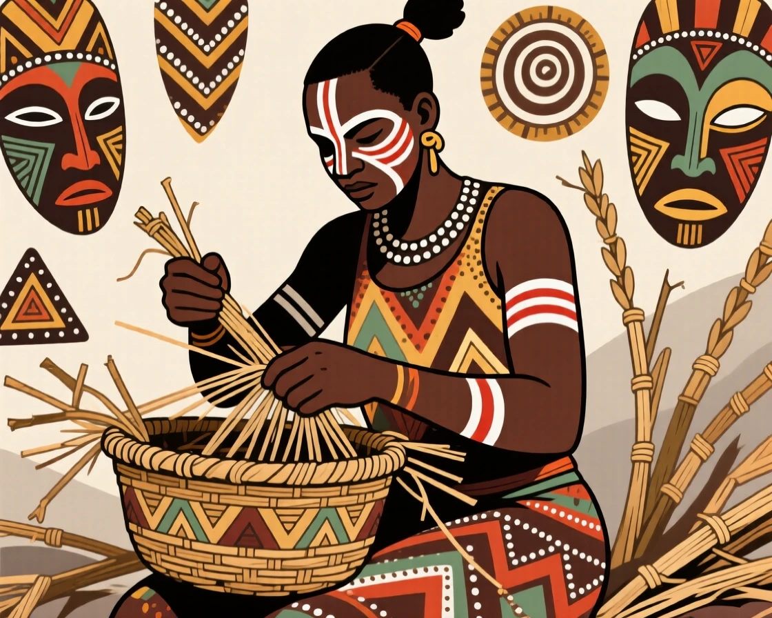 A basket weaver interlacing dried reeds by hand.