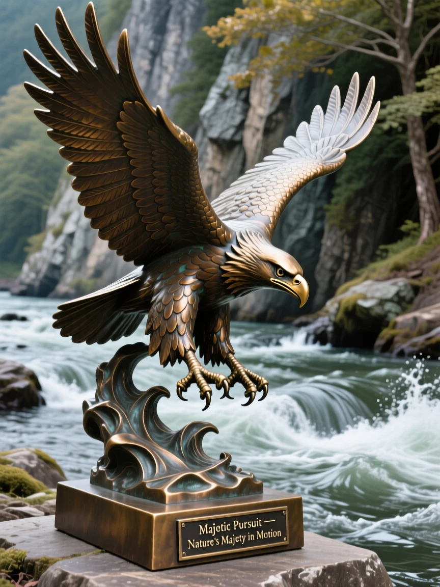 A majestic bald eagle diving toward a rushing river, set against a breathtaking natural backdrop, evoking wonder and majesty