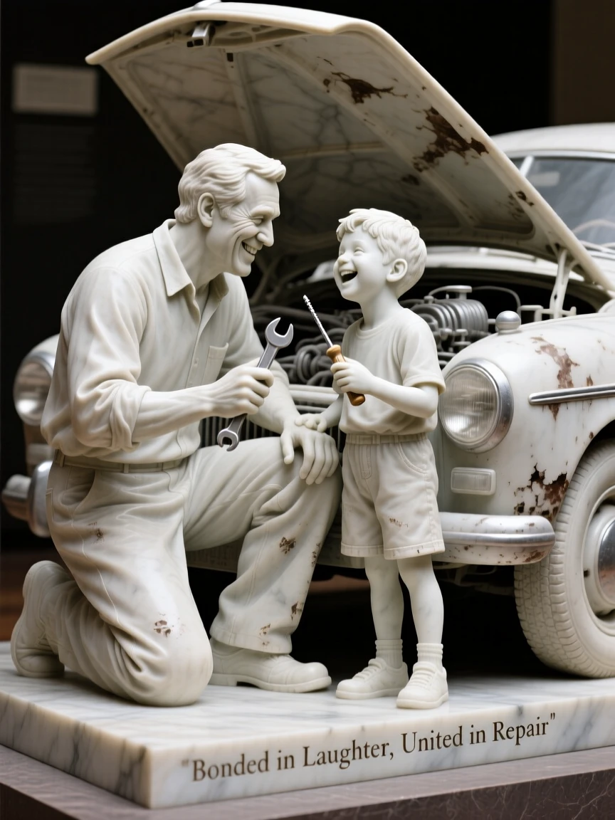 A heartwarming depiction of a father and son fixing an old car together, full of laughter and genuine connection