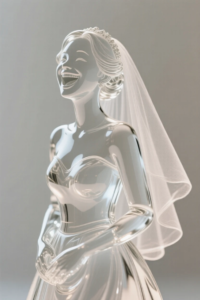 A bride laughing joyfully on her wedding day framed in a close, intimate composition, soft rim light outlining the silhouette, evoking warmth and connection.