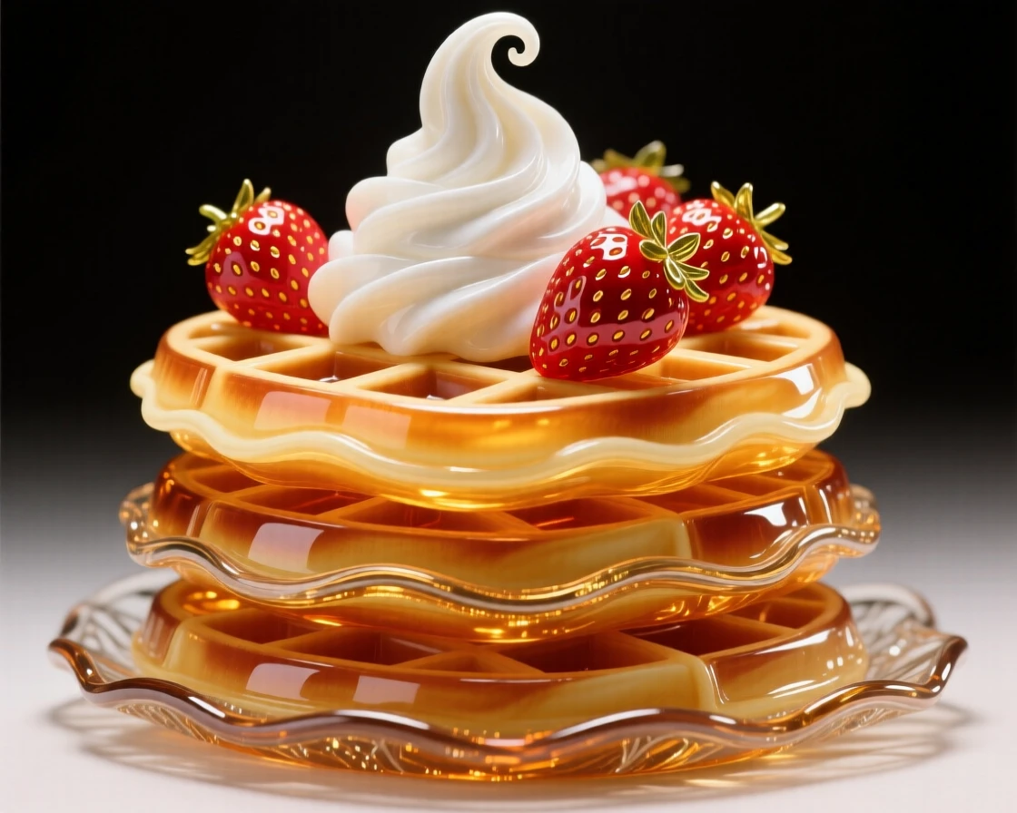 A stack of warm waffles topped with whipped cream and strawberries, indulgent and cheerful.
