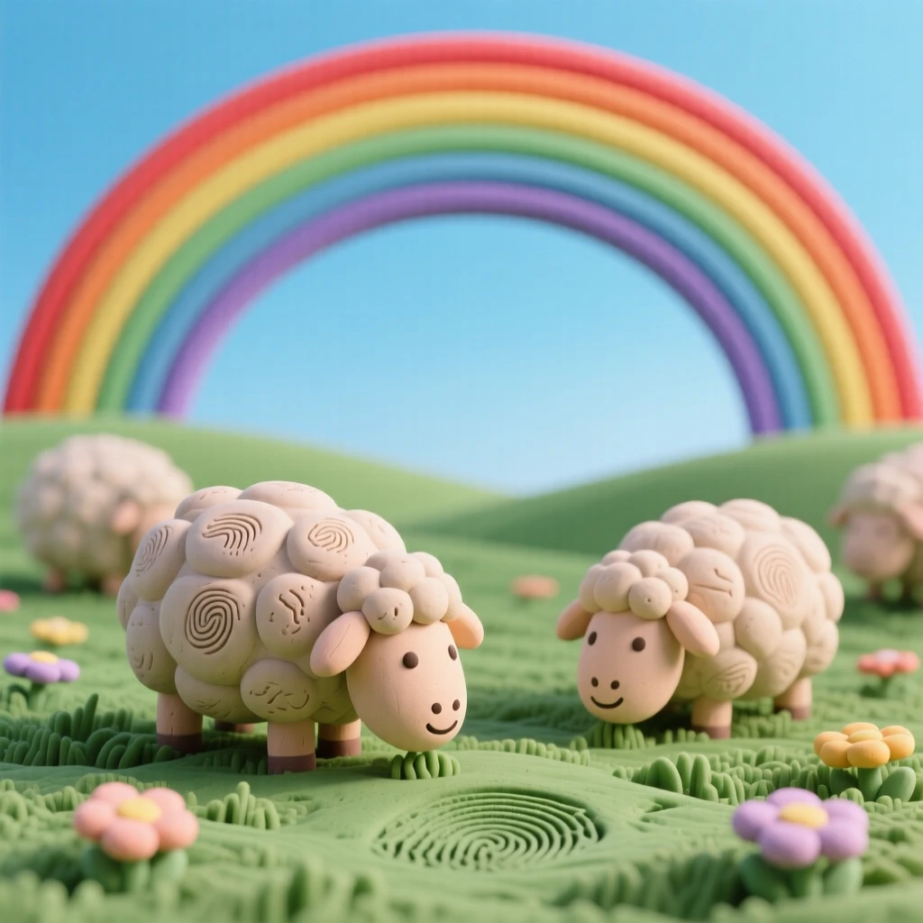 A meadow filled with grazing sheep beneath a rainbow-streaked sky