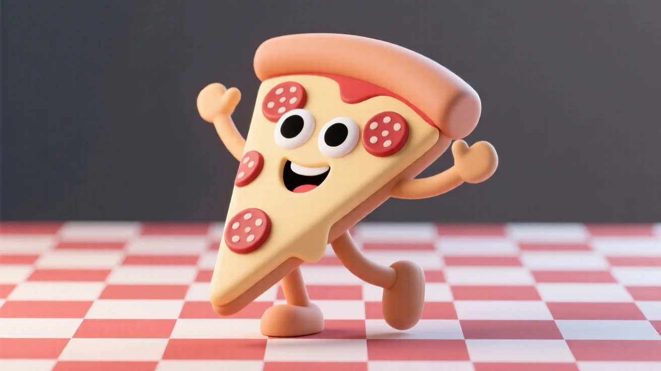 A cheerful slice of pizza with a wide smiling face and cartoon eyes does a joyful dance on a checkered tablecloth.