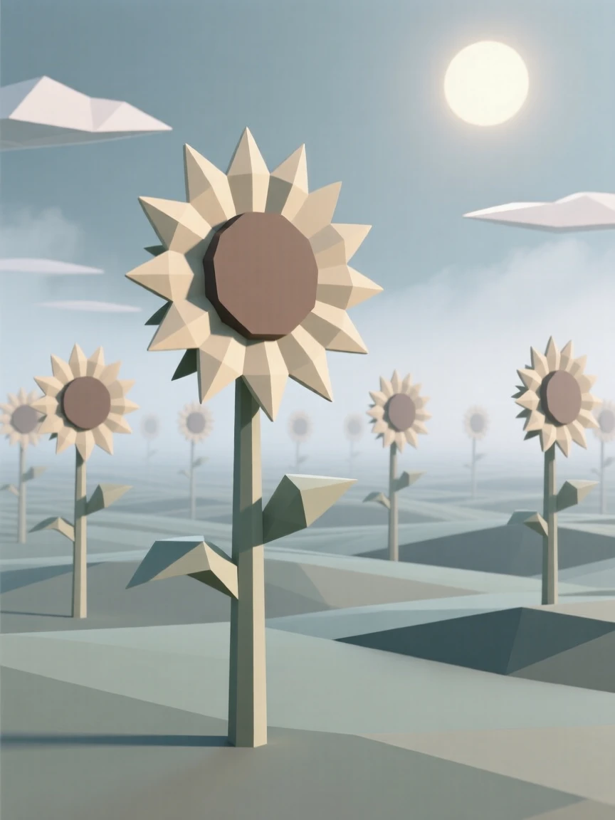 A field of sunflowers turned toward the sun, with mist rolling gently across the ground. fine atmospheric haze adds depth to the distance. The mood is dreamy and otherworldly.