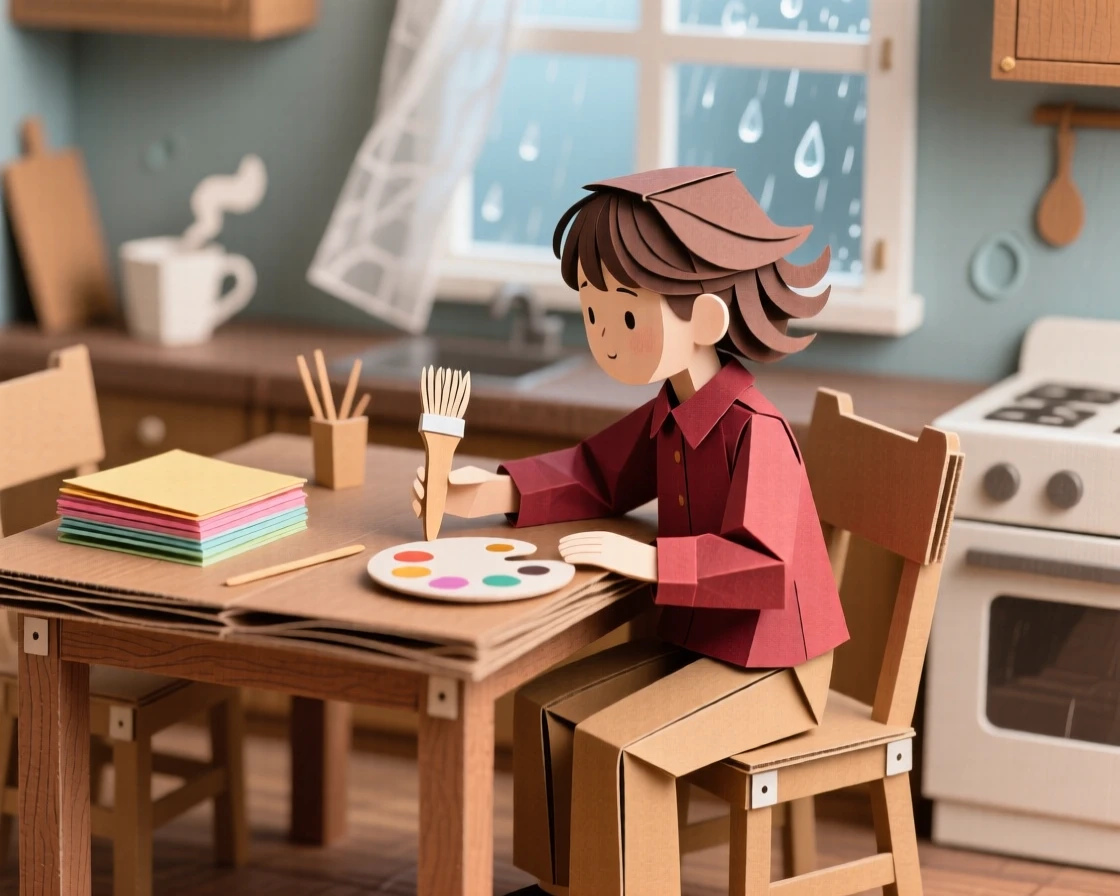 A young artist gathered around a warm kitchen table, with gentle rain misting the air, evoking love across generations.