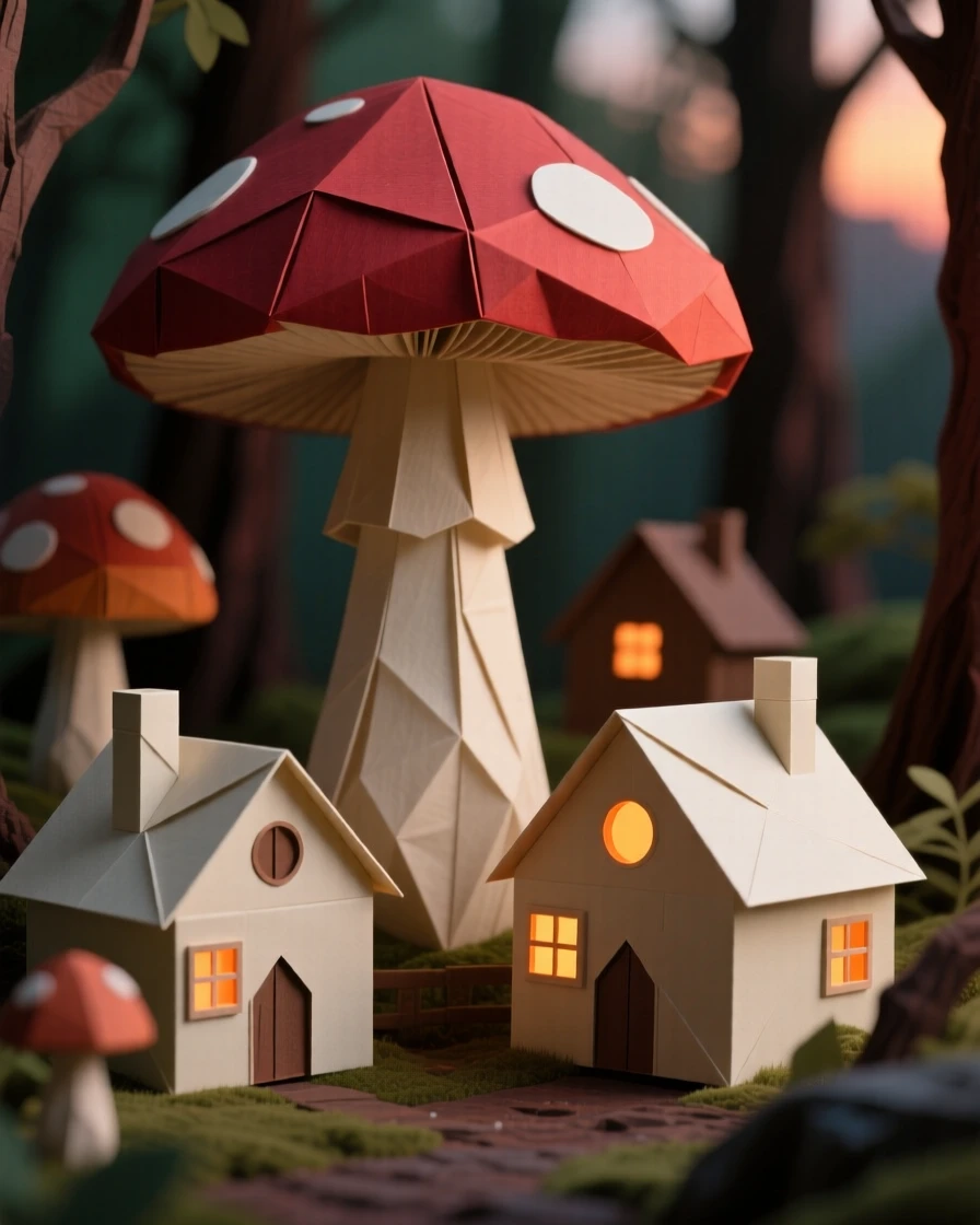 A village nestled inside a giant mushroom forest, tiny windows glowing warmly at dusk.