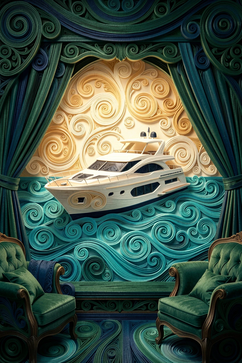 a luxury yacht anchored in a turquoise bay, in a sophisticated penthouse suite, composed with a soft glowing spotlight on the subject, in deep jewel tones of emerald and sapphire.