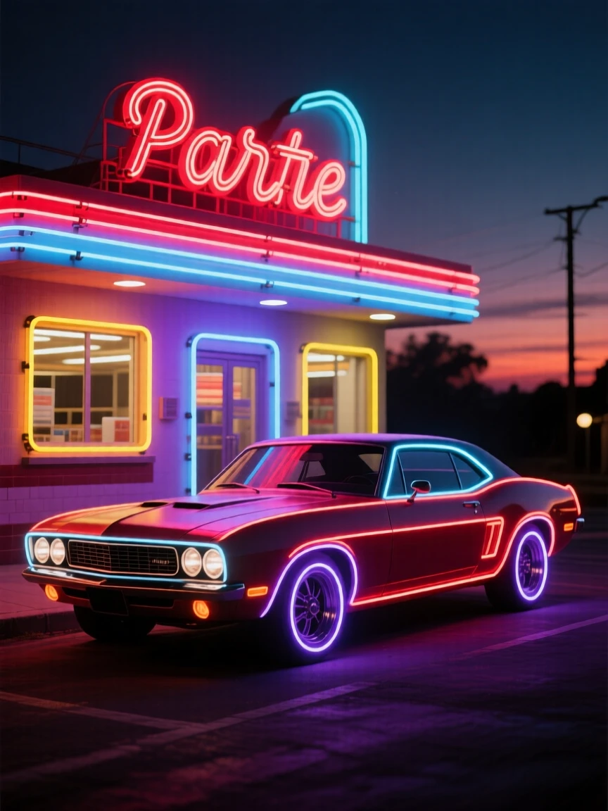 A classic muscle car parked in front of a diner at dusk.