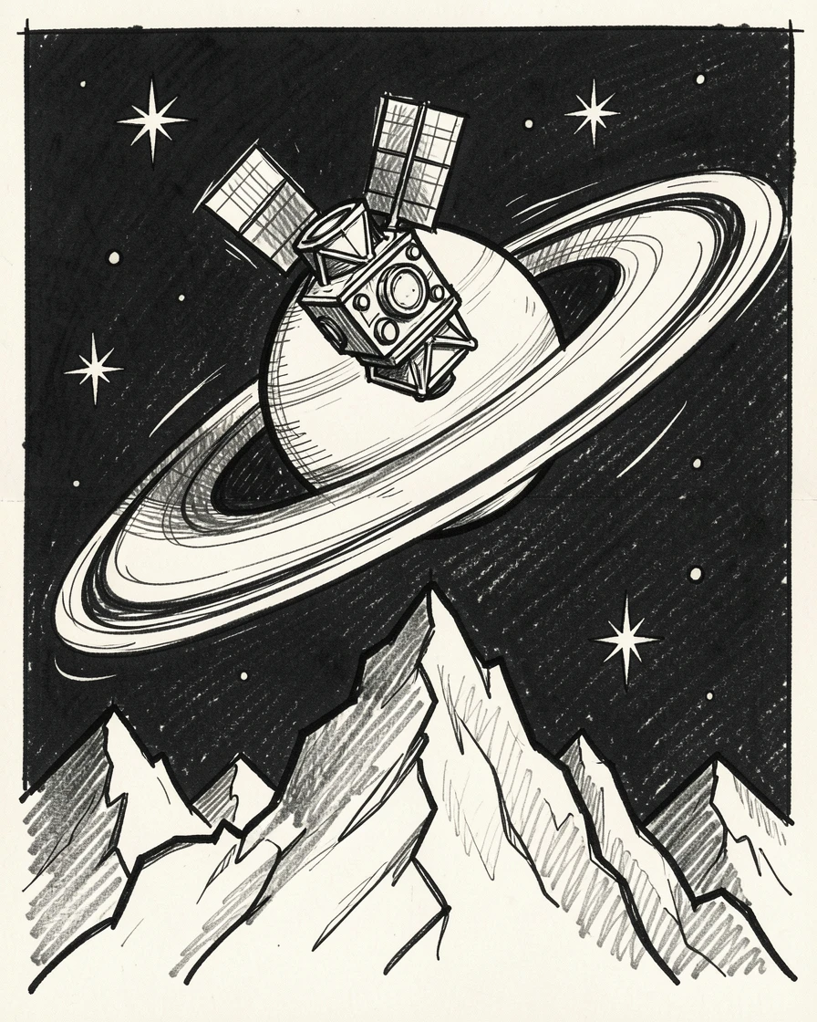 A satellite drifting past Saturn's rings above a snowy mountain at night.